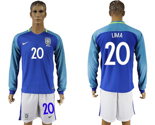 Brazil #20 Lima Away Long Sleeves Soccer Country Jersey - Click Image to Close